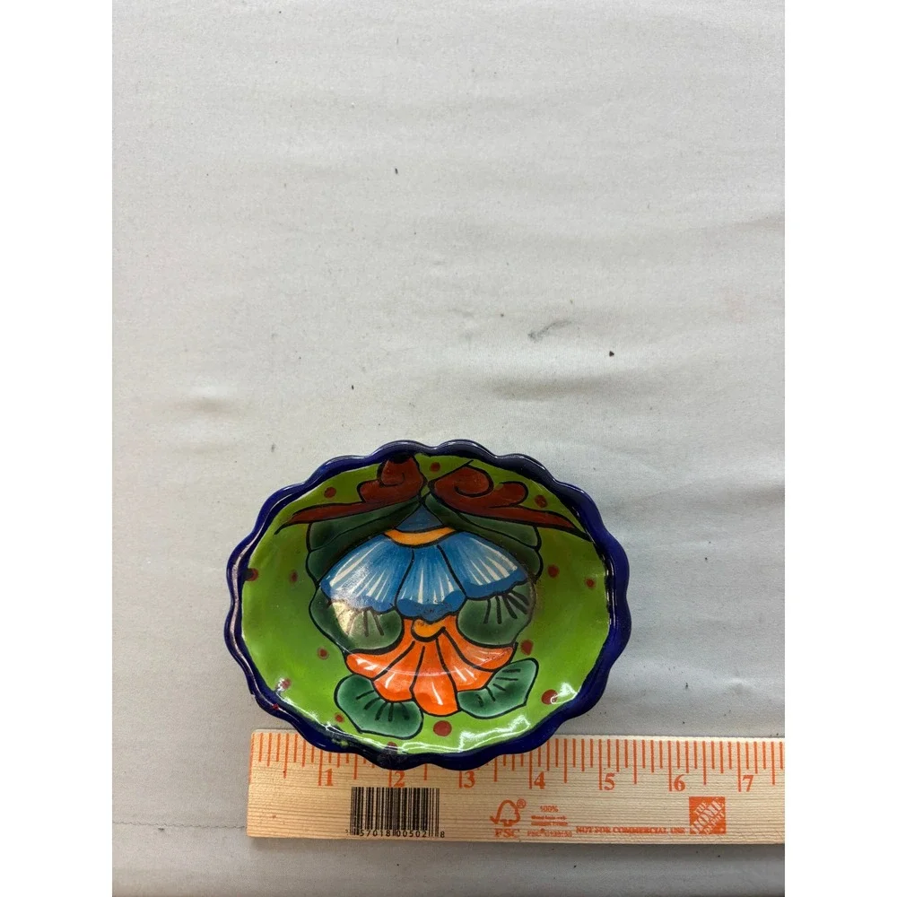 Mexican Talavera Pottery Small Oval Scalloped Bowl Hand Painted Floral Lead Free